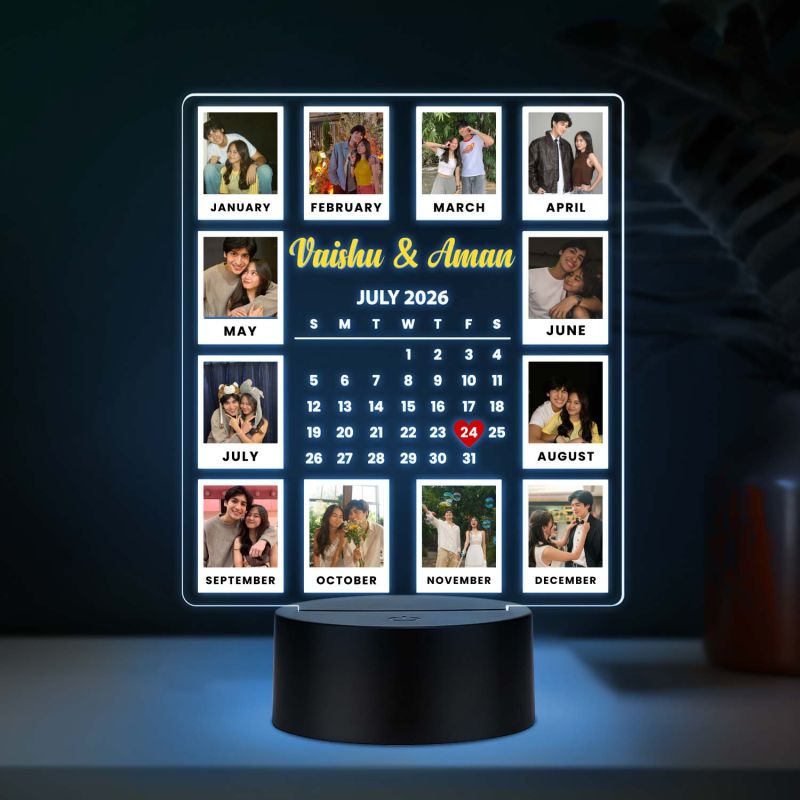 Calendar Couple Photo UV Print Lamp with Multicolored Light Unique Anniversary, Birthday, or Wedding Gift for Couples, Wife, Husband